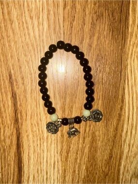Black Beaded Charm Bracelet with Silver Accents